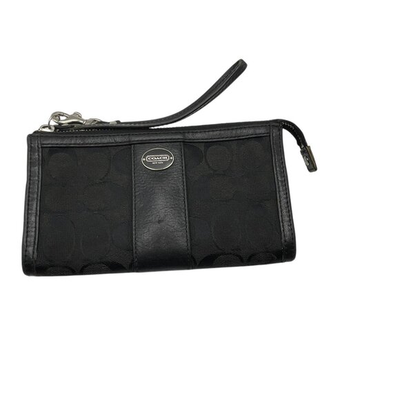 Coach Signature Black Canvas Jacquard Leather Stripe Wristlet Wallet - Picture 4 of 12